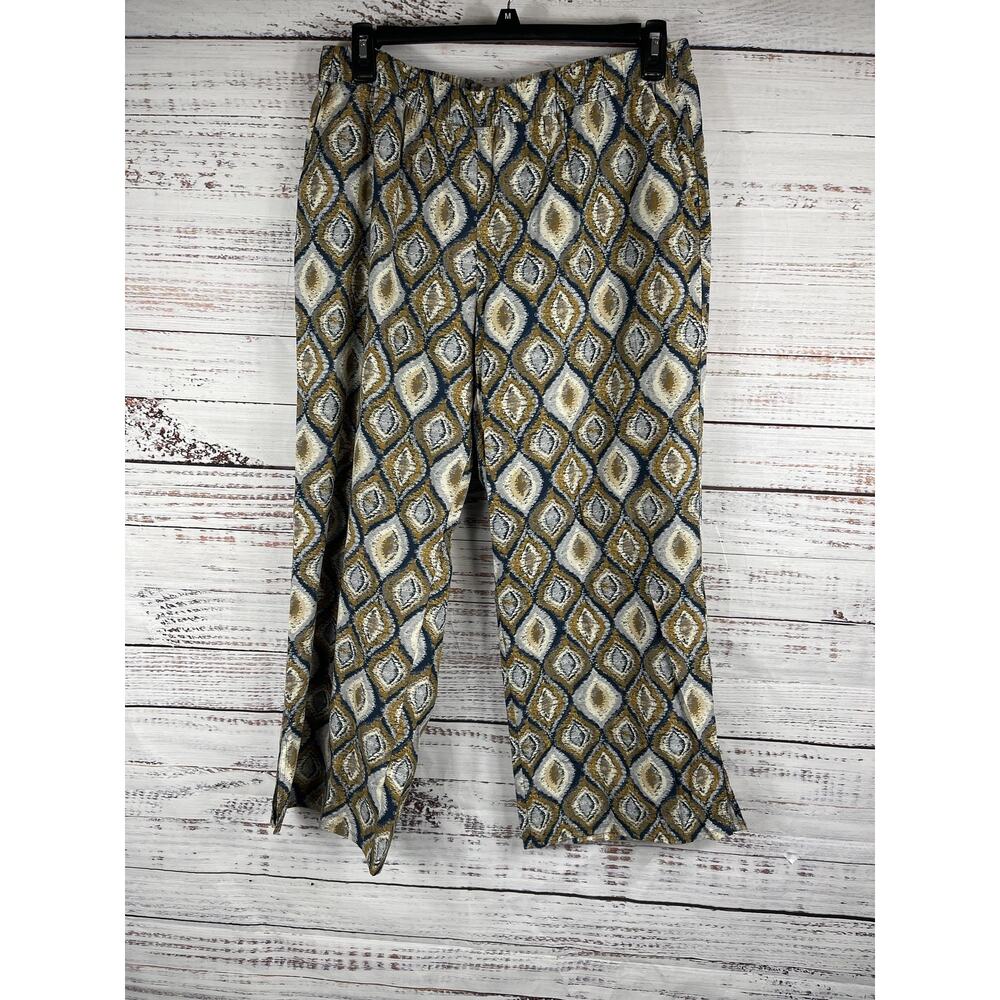 AmberNoon II Pants Women's SZ L  Geometric Print Blue Gold White Pockets Lounge